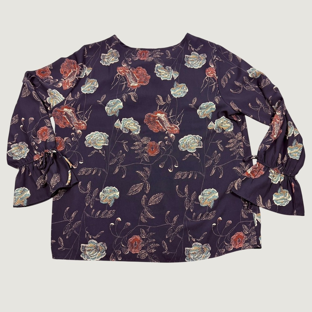 Downeast Womens Floral Bell Sleeve Blouse Purple Split Neck Tie Top XL
